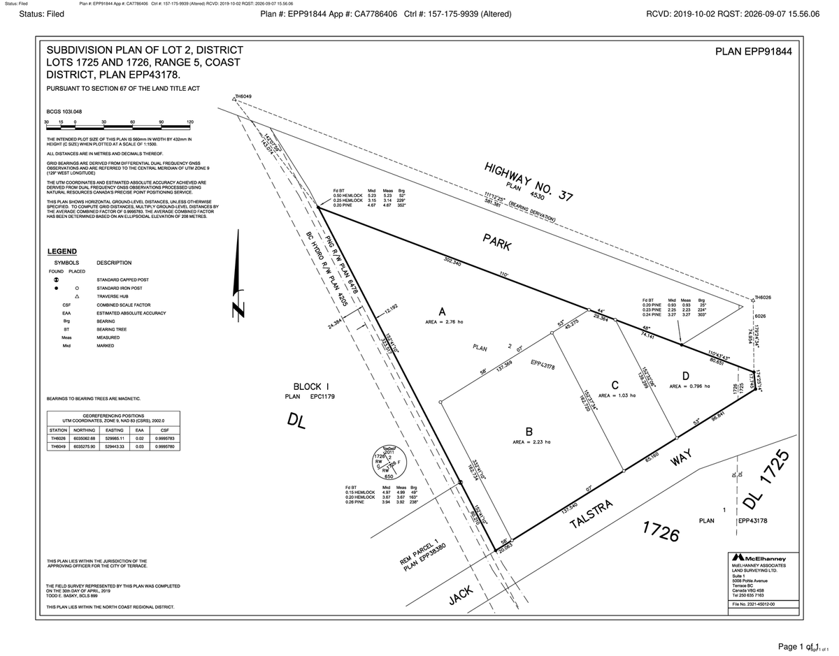 Subdivision plan showing Lots A, B, C, and D with boundary dimensions — Plan EPP91844